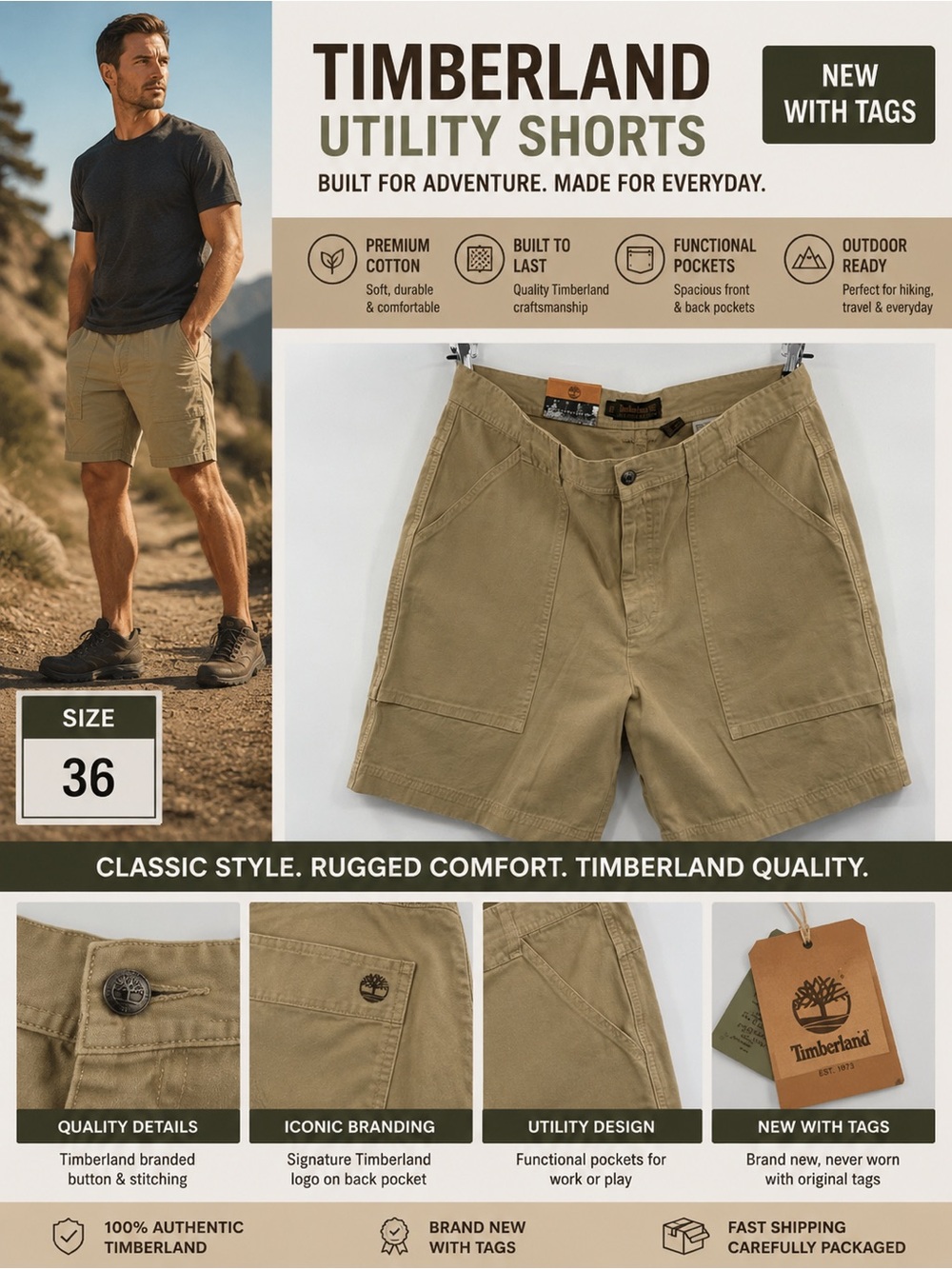 Timberland Weathergear‎ Tan Cargo Shorts Size 36 Hiking Outdoor NWT